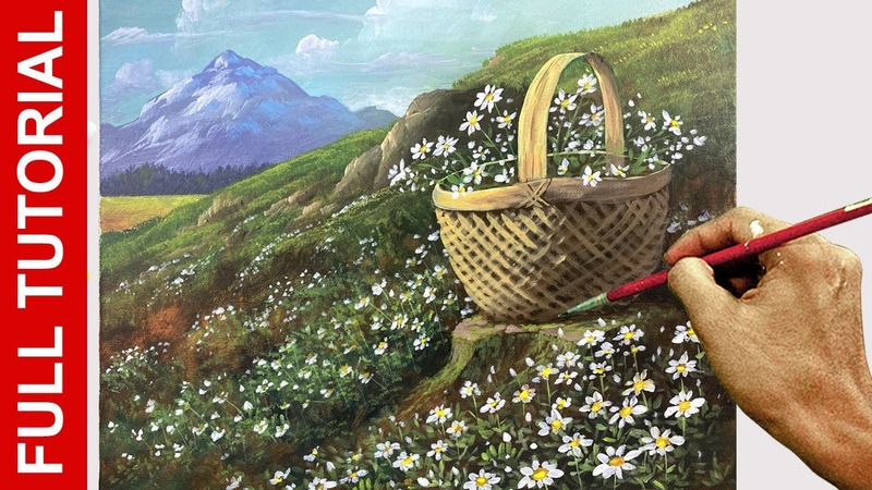 Tutorial : Simple Painting for Beginners in Acrylics, Daisy Flower Garden,